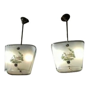 1920's Italian Art Deco Period Hand Painted Barovier & Toso Crystal Lanterns / Pendants/ Flush Mount Fixtures a Pair