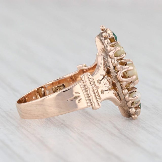 Victorian Pearl Green Stone Ring 14k Rose Gold Size 3.5 Ornate Antique For Sale - Image 4 of 7