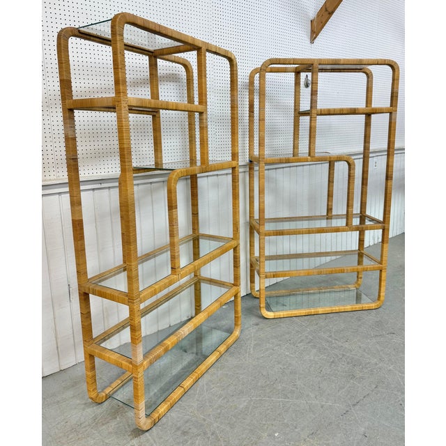 This listing is for a pair of Mid-Century Modern Rattan Woven Etageres. Featuring an identical pair of etageres, rattan...