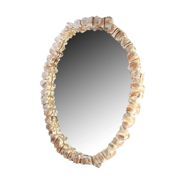 Contemporary Oval Wall Mirror With Organic Teak Frame For Sale - Image 3 of 6