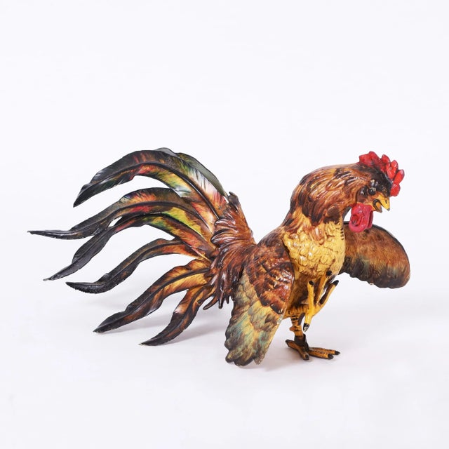 Victorian Two Vintage Painted Metal Roosters or Fighting Cocks For Sale - Image 3 of 10