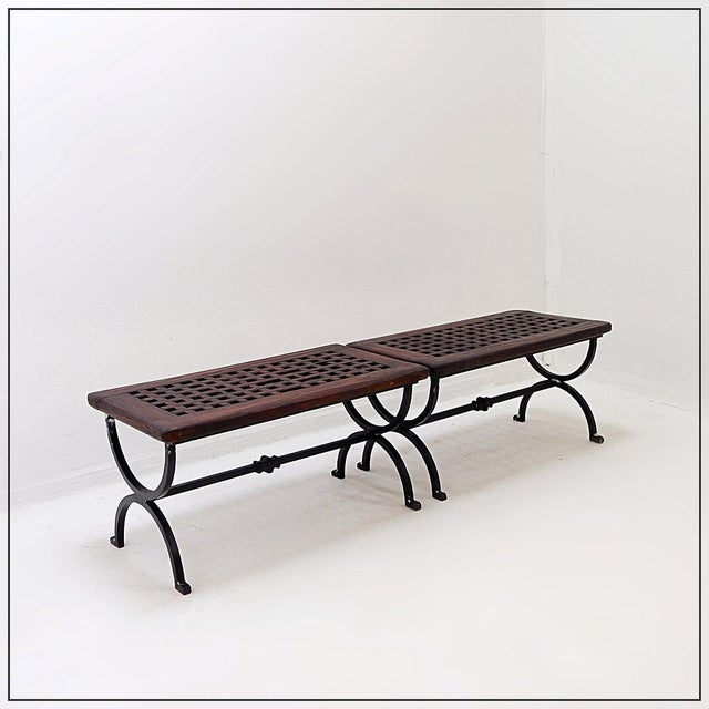 Benches in Openwork Wood with Wrought Iron Legs, Set of 2 For Sale - Image 13 of 13