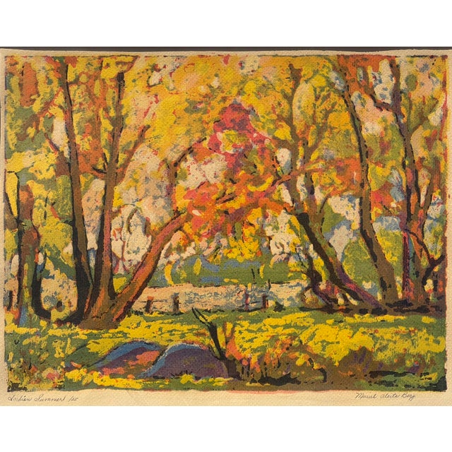 An unusually vibrant mid-century color woodblock print of an autumn woodland, signed, titled and numbered in pencil by the...
