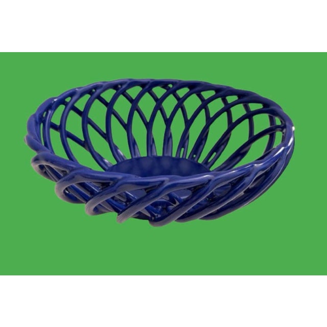 Blue Vintage Italian Blue Lattice Open Weave Ceramic Fruits Basket. For Sale - Image 8 of 12
