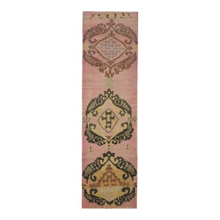 Vintage Turkish Hand-Knotted Wool Cotton Pink Runner Rug For Sale