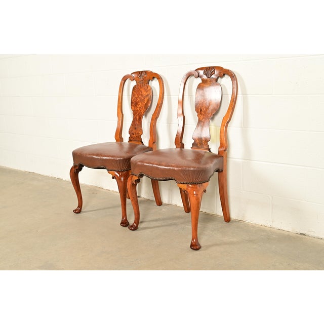 Queen Anne Antique English Queen Anne Burl Wood Side Chairs or Dining Chairs, Circa 1860s For Sale - Image 3 of 14