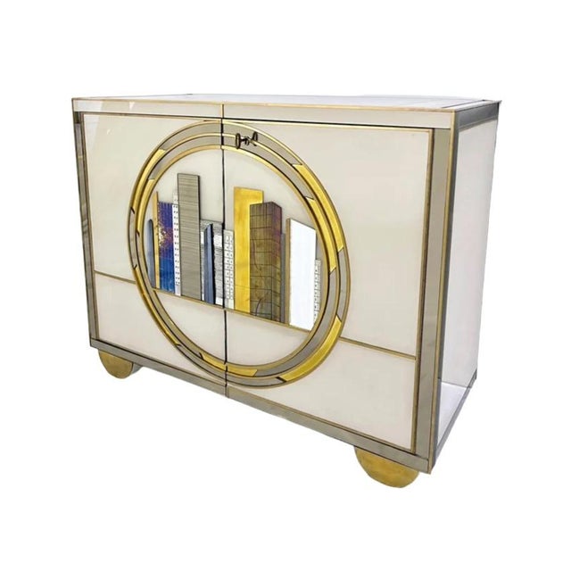 Italian Art Deco Style Cabinet / Server With New York Skyline Glass Decoration For Sale - Image 4 of 10