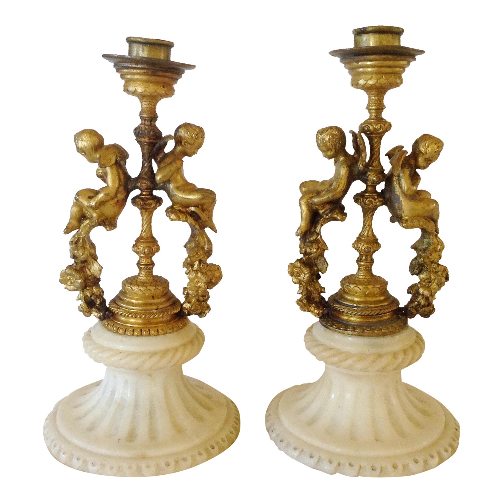 French Gilt Bronze & Marble Cherub Candlesticks a Pair Chairish