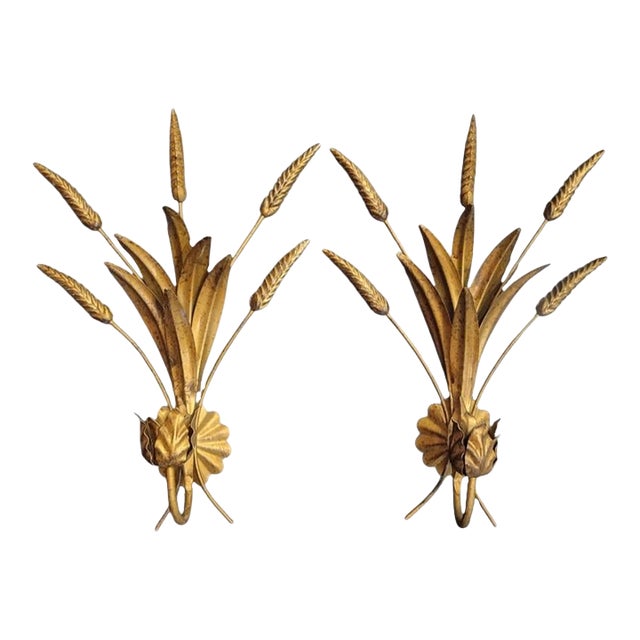 Vintage Antique Gold Tole Sheaf of Wheat Metal Wall Candle Holders- A Pair For Sale