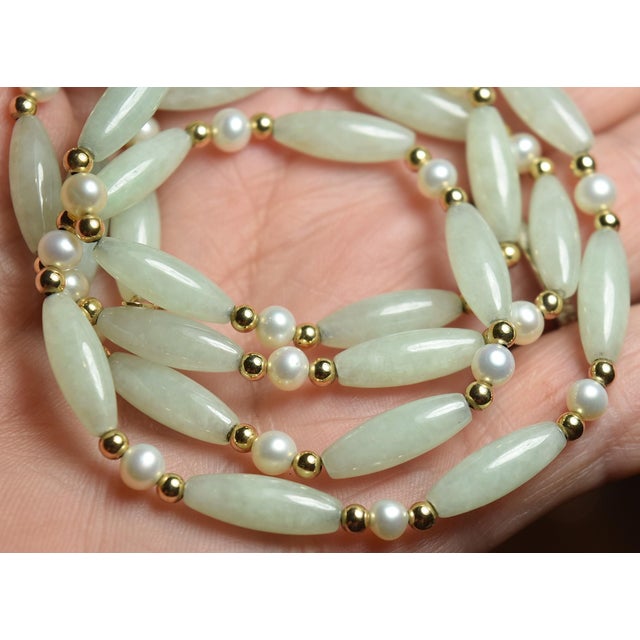Vintage Barrel Jade & Pearl 14k Beaded 26" Necklace For Sale - Image 11 of 17