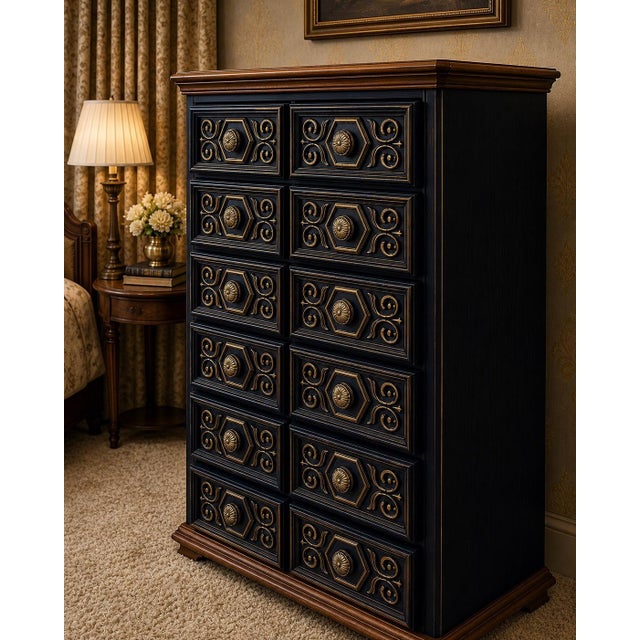 Late 20th Century Vintage 1970s Drexel-Attributed Tallboy Dresser — Custom Midnight Blue & Gilded Finish, Dovetail Construction For Sale - Image 5 of 10