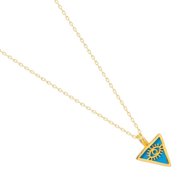Early 21st Century Turquoise & Gold Triangle Pendant Evil Eye Talisman Necklace For Sale - Image 5 of 10