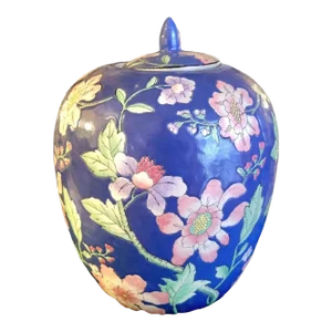 Vintage Large Ceramic Chinoiserie Blue Pink Green Floral Ginger Jar Room Decor