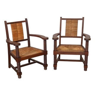 Pair of French Wood and Woven Chairs Attributed to Charles Dudouyt For Sale