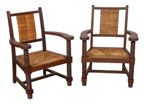 Pair of French Wood and Woven Chairs Attributed to Charles Dudouyt