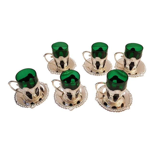 "Ms" Japanese Vintage Silver Bronze 13 Piece Drinking Cups & Saucers - Set of 6 For Sale