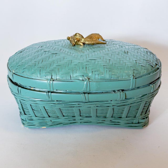 Chinoiserie Vintage Lacquered Teal Woven Box With Brass Koi Fish Finial Knob For Sale - Image 3 of 10