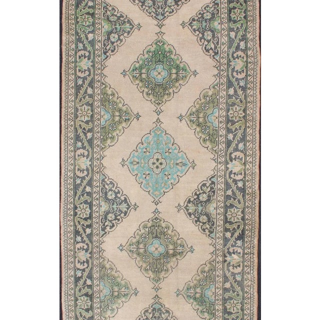 Turkish Turkish Oushak Runner With Medallion Design in Dark Blue, Blush, Aqua and Green For Sale - Image 3 of 12