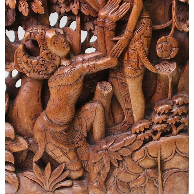 Brown Balinese Hand Carved Wood Sculptural Wall Panels, Rama & Sita From the Ramayana Epic Saga, Three Dimensional For Sale - Image 8 of 12