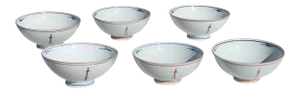 Mid-Century Japanese Set of Six Blue, White and Brown Porcelain Bowls