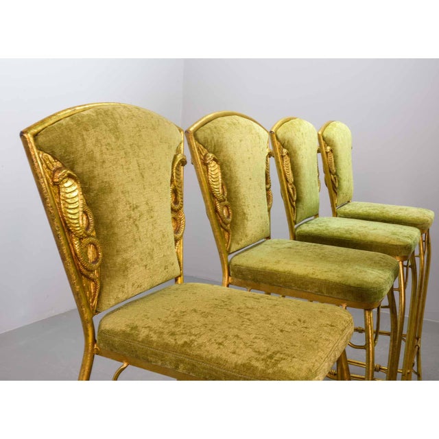 1970s Gilded Cobra Bar Stools with Fresh Lime Green Velvet Upholstery, 1970s, Set of 6 For Sale - Image 5 of 9