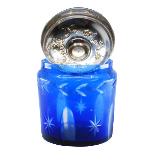 Blue Glass Jam Jar with Engravings and Silver Lid with Floral Motifs For Sale