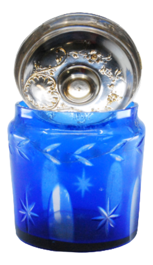 Blue Glass Jam Jar with Engravings and Silver Lid with Floral Motifs