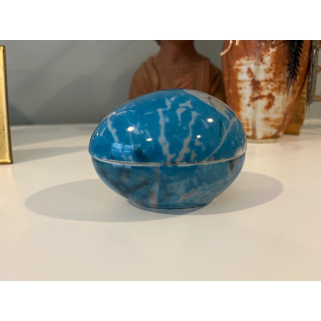 1950s 1950s Vintage Porcelain Limoges France Pedestal Egg Trinket Box Teal For Sale - Image 5 of 7