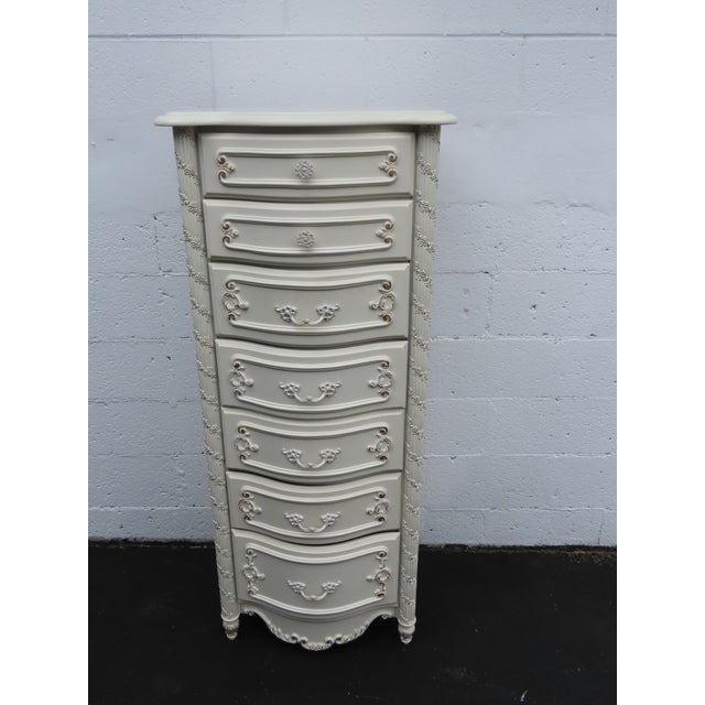 Off-white French Shabby Chic Painted Carved Tall Narrow Lingerie Jewelry Chest 6406 For Sale - Image 8 of 18