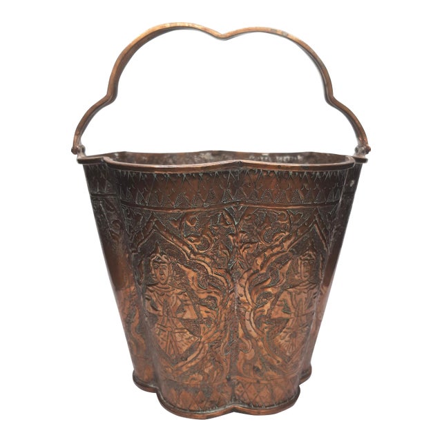 19th C Repousse Copper Nepal Scallop Bucket For Sale