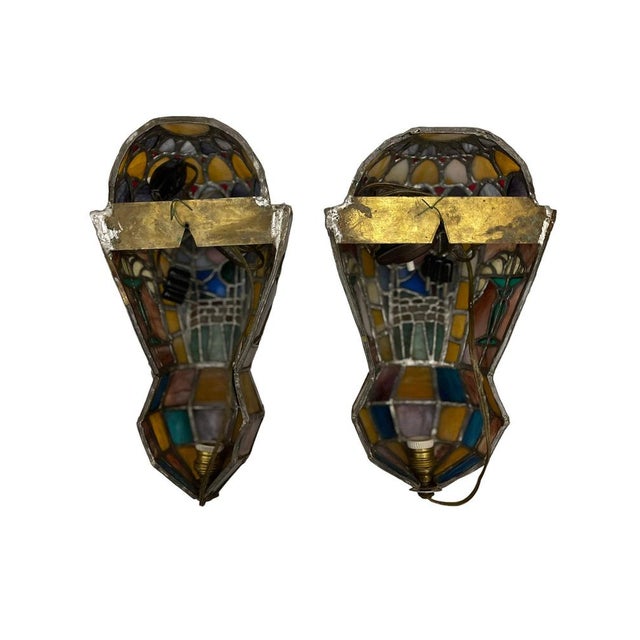 Art Deco Sconces in Leaded Glass, 20th Century, Set of 2 For Sale - Image 6 of 9