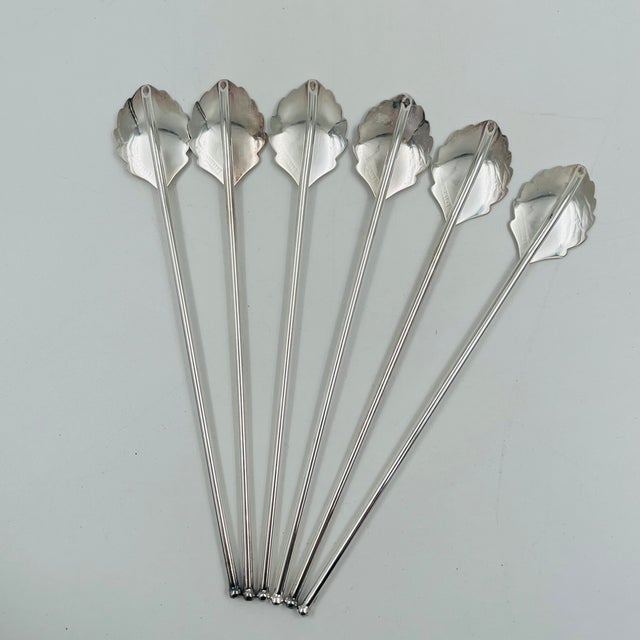 Mid-Century Modern Silverplate Leaf Design Cocktail Stirrer Straws Sipper Spoons Denmark - Set of 6 For Sale - Image 11 of 16
