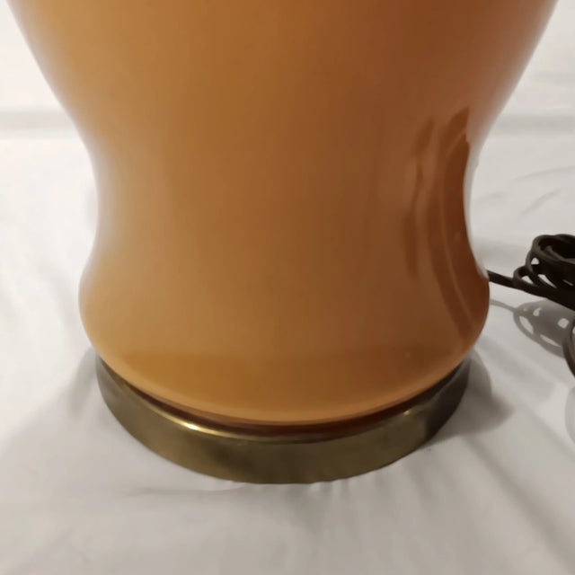 Mid-Century Modern Vintage & Elegant Coral Colored Glass Ginger Jar Table Lamp With a Brass Base For Sale - Image 3 of 13