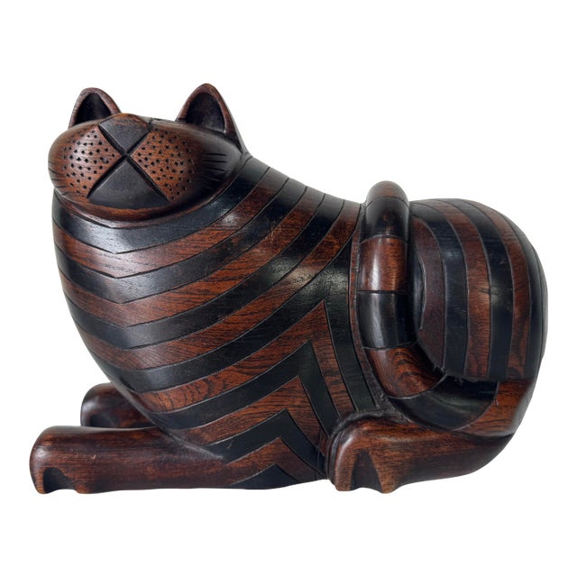1980’s Vintage Folk Art - Hand-Carved Mahogany Wood Cat Sculpture With Hidden Secret Compartment For Sale