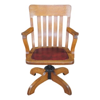 Antique Edwardian Quartersawn Oak Bankers Lawyers Desk Chair Leather Seat Swivel For Sale