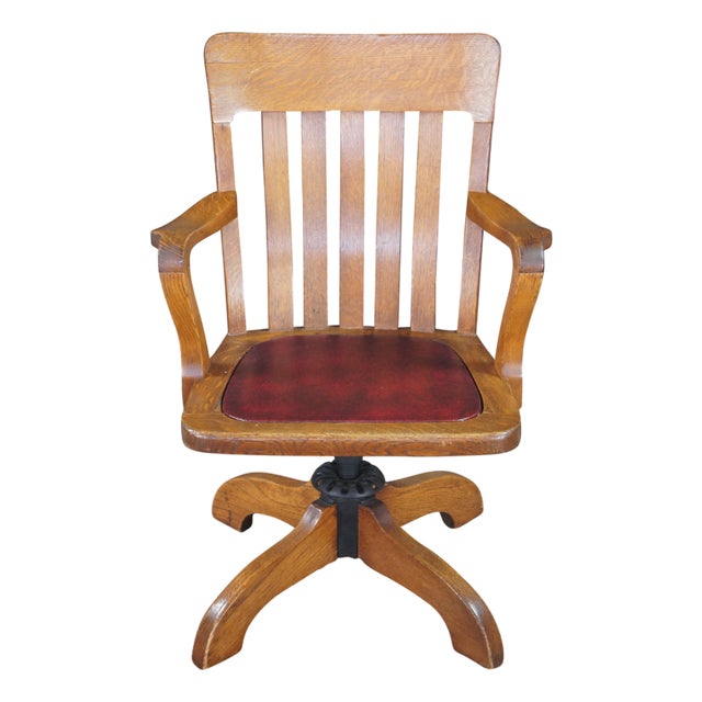 Antique Edwardian Quartersawn Oak Bankers Lawyers Desk Chair Leather Seat Swivel For Sale