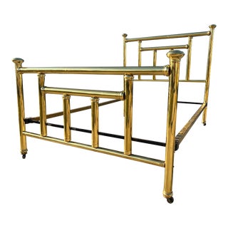 19th Century Full Size Brass Tubular Bed With Spindle Head and Footboard, Low Post With Disc Finials on Caster Feet For Sale