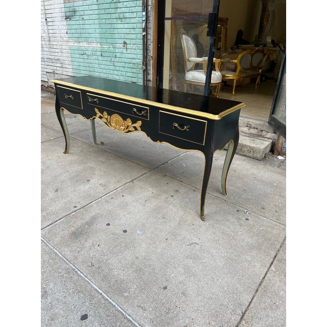 French French Countryside Painted Louis XV Black Style Console Table For Sale - Image 3 of 9