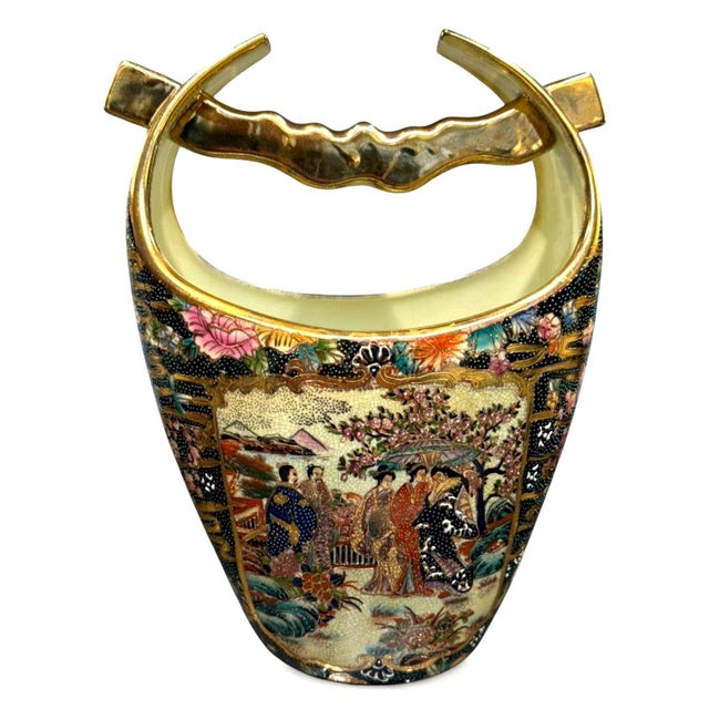 1940s Vintage Chinese Famille Rose Rose Medallion Porcelain Basket Vase Gilt 12" For Sale - Image 5 of 10