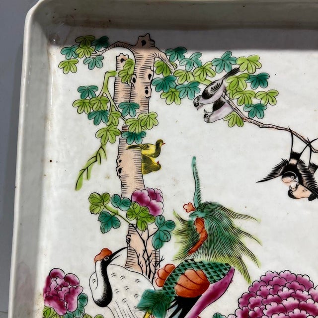 Rose 1970s Chinese Famille Rose Porcelain Rectangular Tray With Phoenix and Peonies For Sale - Image 8 of 9