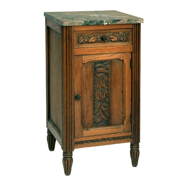 1920s Vintage Deco Wood & Marble Side Table W/Drawer & Door For Sale - Image 5 of 6