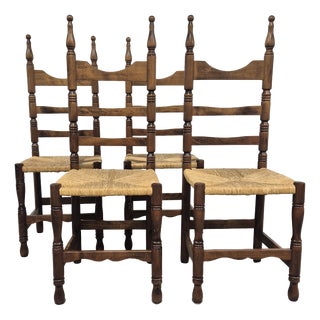 Vintage Rustic Wooden Chairs with Rush Seat, 1960s, Set of 4 For Sale