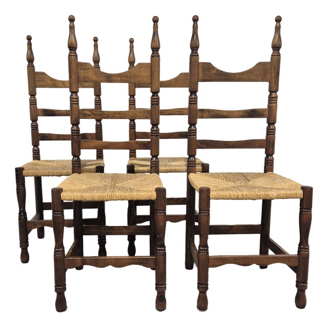 Vintage Rustic Wooden Chairs with Rush Seat, 1960s, Set of 4 For Sale