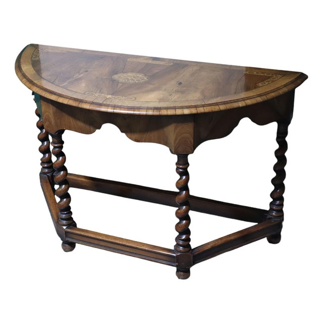 Antique Jacobean Style Walnut Hallway Demi Lune Table With Oak Inlay & Swirled Legs For Sale