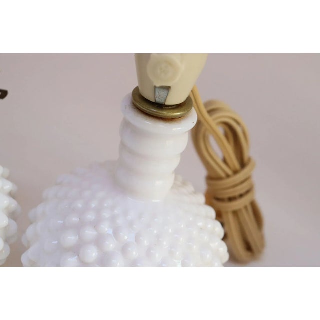 White Pair of Petite Mid-Century Modern Hobnail Milk Glass Boudoir Bedside Table Lamps For Sale - Image 8 of 11