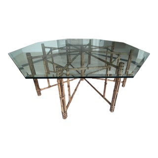 Vintage McGuire Octagonal Glass Top Dining Table With Bamboo Base For Sale