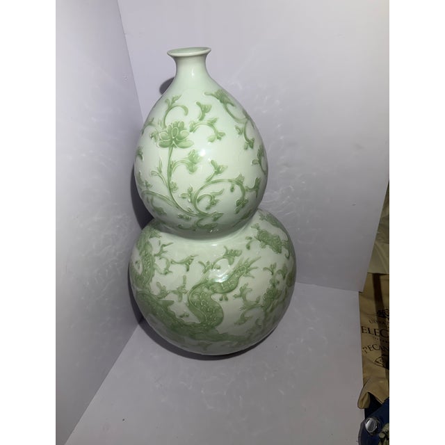 Celadon Large 24" Chinoiserie Celadon Porcelain Dragon & Lotus Double Gourd Floor Vase For Sale - Image 8 of 10
