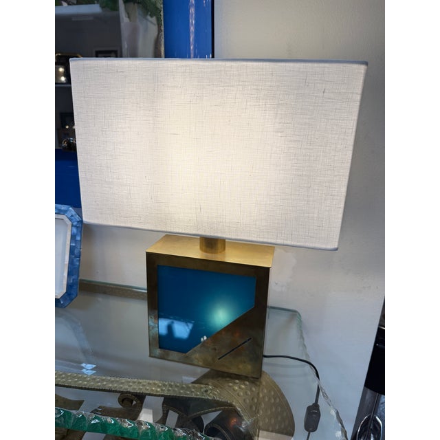 Metal Brass Table Lamp With Blue Panel Base and Rectangular Linen Shade For Sale - Image 7 of 7