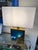 Metal Brass Table Lamp With Blue Panel Base and Rectangular Linen Shade For Sale - Image 7 of 7