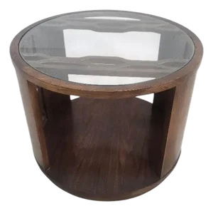 Mid Century Modern Round Glass Top Walnut Side Table